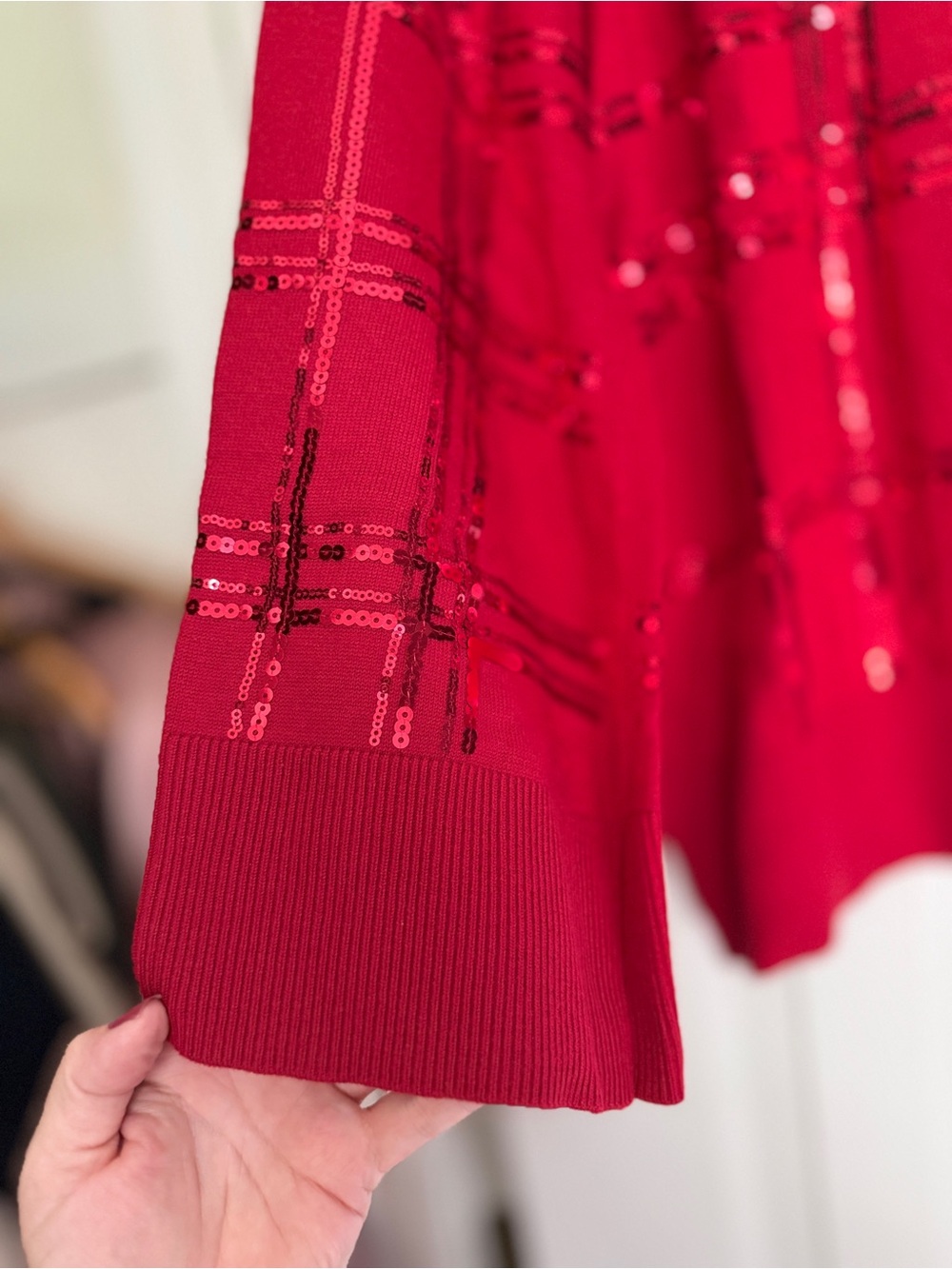 Chico's Red Sequin Plaid Knit Pullover. Chicos 2 (US L) - Picture 3 of 6
